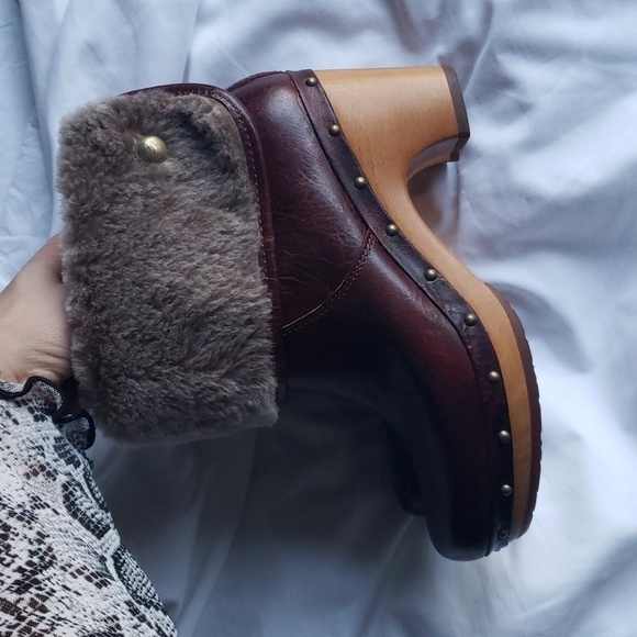 UGG AUSTRALIA "LYNNEA" BROWN LEATHER SHEARLING LINING WOOD CLOG BOOTS size5 - Picture 12 of 16